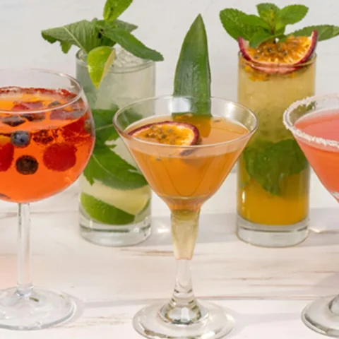 5 best Dry January drinks in different glasses with fruit and herb garnishes as alcohol alternatives