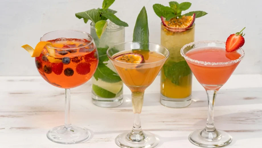 5 best Dry January drinks in different glasses with fruit and herb garnishes as alcohol alternatives