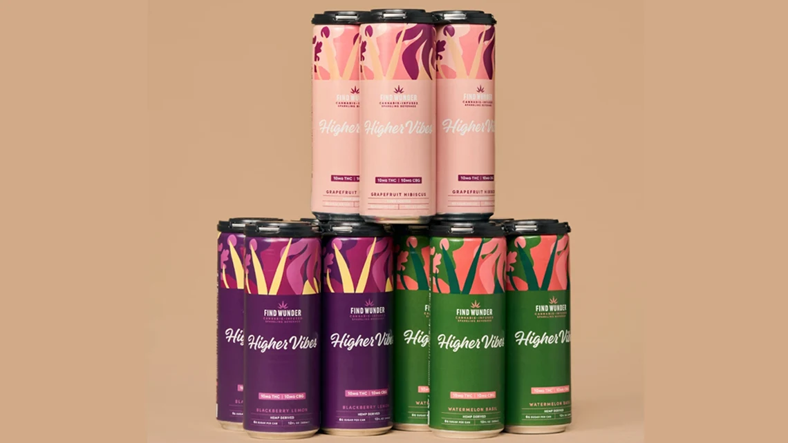 a stack of Find Wunder Grapefruit Hibiscus, Blackberry Lemon, and Watermelon Basil THC drinks