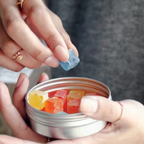 close-up photo of a woman’s hand picking a single gummy from a tin can of THC gummies she’s holding