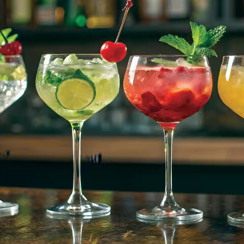 four wine glasses of mocktails with fruit and herb garnishes lined on a bar counter