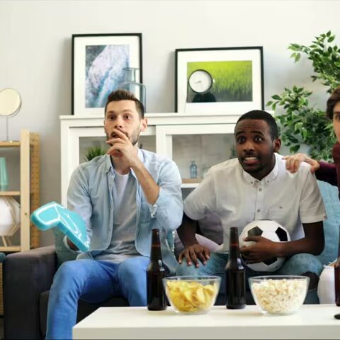 3 guys on a couch watching TV with the best Super Bowl drinks and snacks on a table
